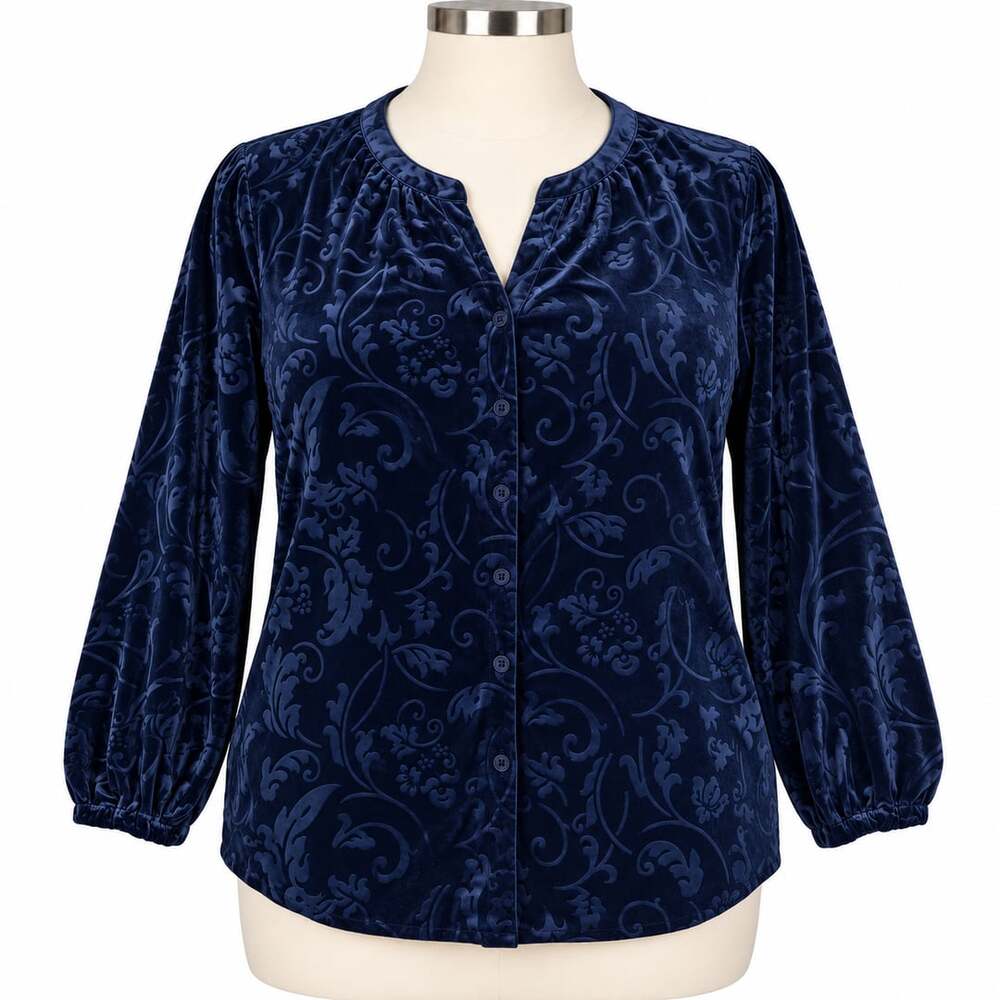 Chico’s Size 2 Navy Blue Velvet Burnout Floral Damask Button Front Blouse